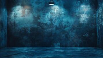 Blue room with a light shining on the wall. The room is empty and has a moody atmosphere photo