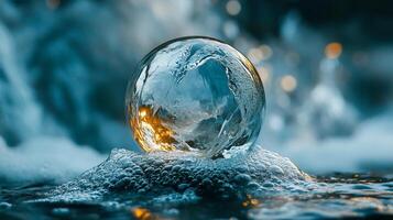 Clear sphere of water sits on top of a pile of foam. The sphere is surrounded by a blue and white background photo
