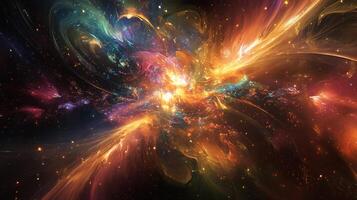 Colorful galaxy with a bright orange star in the center. The stars are scattered throughout the galaxy, with some closer together and others further apart. The galaxy appears to be in motion photo