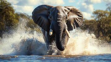 Large elephant is running through a river, splashing water everywhere. The scene is dynamic and full of energy, as the elephant's powerful movements create a sense of motion and excitement photo