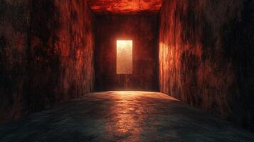 Dark room with a window in the middle. The room is empty and the light is shining through the window photo