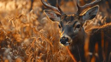 Deer is standing in a field of tall grass. The deer is brown and has a black nose photo