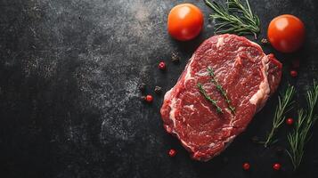 Piece of meat with a tomato and some herbs on top of a dark surface. The meat is cut in half and has a pepper on it photo