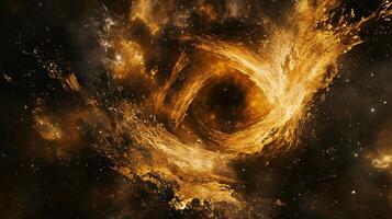 Space filled with stars and a large, glowing hole. The hole is surrounded by a lot of dust and debris, giving it a sense of chaos and destruction photo