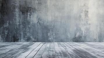Large, empty room with a wooden floor and a wall with a lot of cracks. The room is very bare and empty, with no furniture or decorations. Scene is one of emptiness and loneliness photo