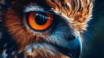 Close up of an owl's eye with a blue background. The eye is surrounded by orange feathers, giving it a warm and inviting appearance. The blue background adds a sense of depth photo