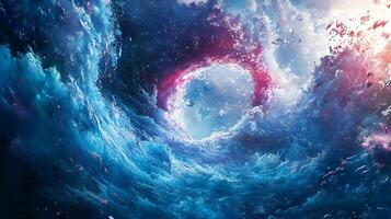 Blue and purple sky with a large circle in the middle. The circle is surrounded by a lot of stars and clouds. The sky is very colorful and it looks like a painting photo