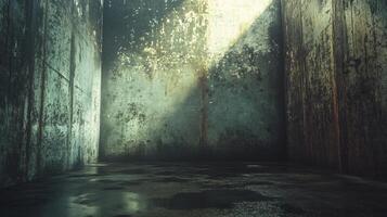 Dark, empty room with a light shining through a window. Scene is eerie and mysterious photo