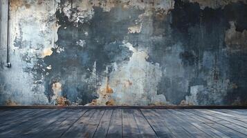 Large, empty room with a wall that is covered in peeling paint and has a lot of cracks photo