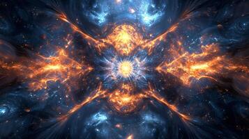 Colorful, abstract space scene with a large orange and blue star in the center. The star is surrounded by a blue and orange galaxy, with smaller stars scattered throughout. Scene is one of wonder photo