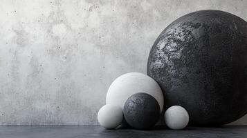 Collection of round objects, including a black and white ball, are arranged on a grey wall. Concept of calm and serenity, as the objects are placed in a neat and orderly manner photo