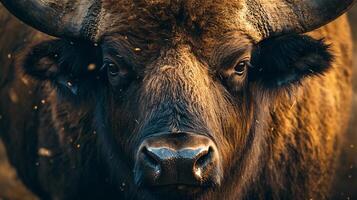 Large brown bull with a fierce look on its face. The bull is surrounded by a lot of dust and debris, giving it a rugged appearance photo