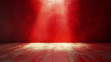 Red room with a wooden floor and a red wall. The room is empty and has a red light shining on it photo