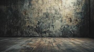 Large, empty room with a wall that is covered in graffiti. The room is bare and has a sense of emptiness photo