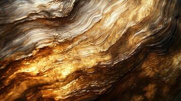 The image is a close up of a piece of wood with a gold and brown color. The wood has a grainy texture and he is weathered. Scene is warm and inviting, with the gold photo
