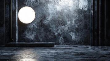 Dark room with a white light bulb in the center. The room is empty and has a cold, industrial feel photo