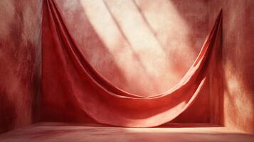 Red curtain hangs in a room with a tan wall. The curtain is draped over the wall, creating a sense of depth and dimension. The room appears to be empty, with no furniture or other objects visible photo