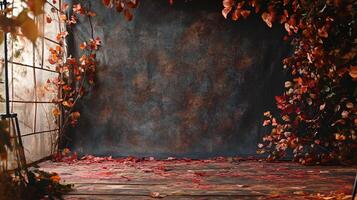 Dark room with a large archway and a wall of leaves. The leaves are orange and brown, and they are scattered all over the floor. The room has a rustic, autumnal feel to it photo