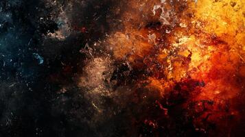 Colorful, abstract painting of a starry sky with a fiery explosion in the background. The painting is full of energy and movement, with the bright colors photo