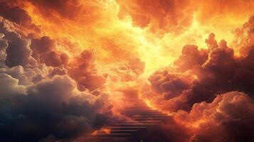 Sky full of orange clouds with a staircase in the middle. The sky is filled with a sense of mystery and wonder photo