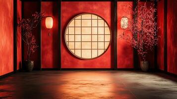 Red room with a round window and two potted trees. The room is empty and the red walls and the round window create a sense of calm and serenity photo