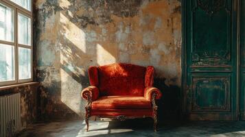 Red couch sits in a room with a green door and a window. The room is empty and has a somewhat gloomy atmosphere photo