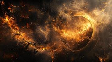 Space scene with a large, glowing circle in the center. The circle is surrounded by a lot of fire and smoke, giving the impression of a fiery explosion. Scene is intense and dramatic photo