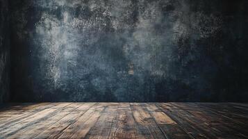 Large empty room with a wooden floor and a wall with a textured surface. The room is bare and empty, with no furniture or decorations. Scene is one of emptiness and solitude, with the wooden floor photo