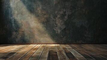 Large empty room with a wooden floor and a wall. The room is dark and empty, with no furniture or decorations. The wooden floor is the only visible element in the room photo