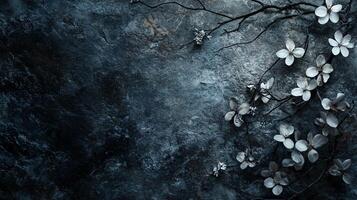 Blue background with white flowers. The flowers are in the foreground and are scattered throughout the image. Scene is calm and peaceful, as the flowers are delicate and serene photo