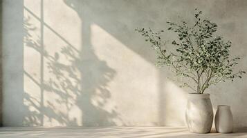 White vase with a plant in it sits on a table in front of a wall. The plant casts a shadow on the wall, creating a sense of depth and dimension. The vase and plant together create a sense of calm photo