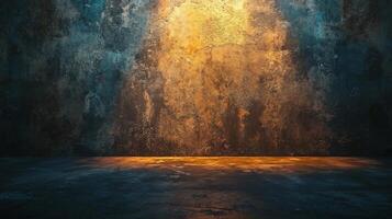 Dark room with a wall that has a yellow spot on it. The room is empty and has a lot of texture photo