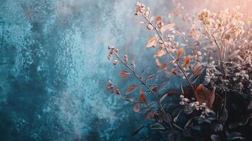 Blue background with a bunch of brown leaves on it. The leaves are scattered all over the background, creating a sense of depth and texture. The blue background contrasts with the brown leaves photo