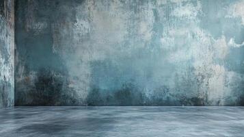 Large, empty room with a blue wall. The wall is covered in graffiti and has a lot of texture. The room is bare and empty, with no furniture or decorations. Scene is somewhat bleak and desolate photo