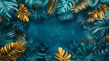 Beautiful image of a lush green forest with gold leaves and blue sky. The leaves are large and vibrant, creating a sense of abundance and life. The blue sky above the forest adds a sense of depth photo