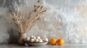 Vase with dried flowers and a bowl of eggs sit on a table. The bowl of eggs is surrounded by oranges photo