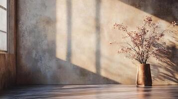 Vase with flowers sits in a room with a window. The room is empty and the vase is the only object in the room photo