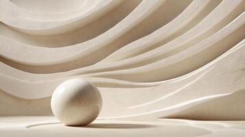 White ball is placed in front of a wall with a wave pattern. The ball is the focal point of the image, and the wall's design creates a sense of movement and fluidity photo