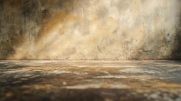 Large empty room with a wall that is covered in paint. The wall is a light brown color and has a few spots of darker brown. The room is empty and has a somewhat somber mood photo