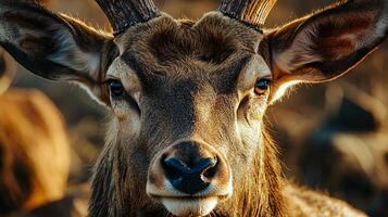 Deer with a brown face and brown horns. The deer is looking at the camera photo