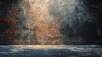Large, empty room with a wall that is covered in graffiti. The room is dark and the wall is covered in a variety of colors and textures. The graffiti adds a sense of chaos and disorder to the space photo
