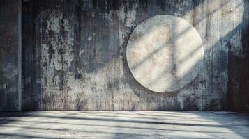 Large white circle is on a wall in a room. The room is empty and has a lot of light coming in from the window. The circle is the only decoration in the room photo