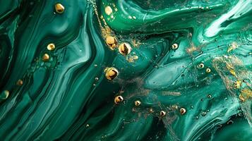 The painting is a beautiful green and gold piece of art with a lot of gold dots scattered throughout. The gold dots are arranged in a way that creates a sense of movement and depth photo