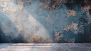 Wall with a blue and brown paint job and a lot of texture. The wall is empty and has a lot of space photo