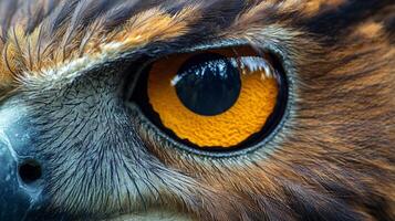 The eye of a bird is shown in full color, with a bright orange iris and a dark brown pupil. Concept of depth and realism, as if the viewer is looking directly into the eye of the bird photo