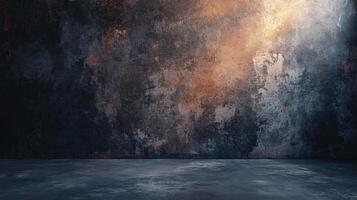 Dark room with a wall that has a lot of texture and a light shining on it. Scene is mysterious and somewhat eerie photo
