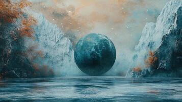 Large blue planet is floating in the middle of a lake surrounded by mountains. The sky is filled with stars and the atmosphere is serene and peaceful photo