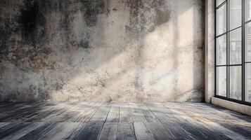 Large empty room with a window and a wall. The room is bare and empty, with no furniture or decorations. The window lets in natural light, creating a bright and airy atmosphere photo