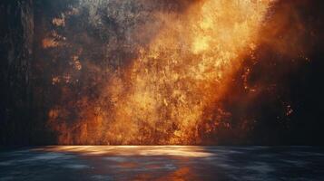 Dark room with a wall of fire and a large empty space. Scene is intense and dramatic photo
