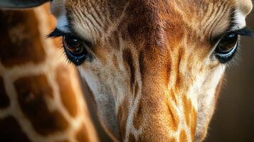 Giraffe with brown spots and a brown nose is staring at the camera. The giraffe has brown eyes and a brown nose, and its fur is brown and spotted photo
